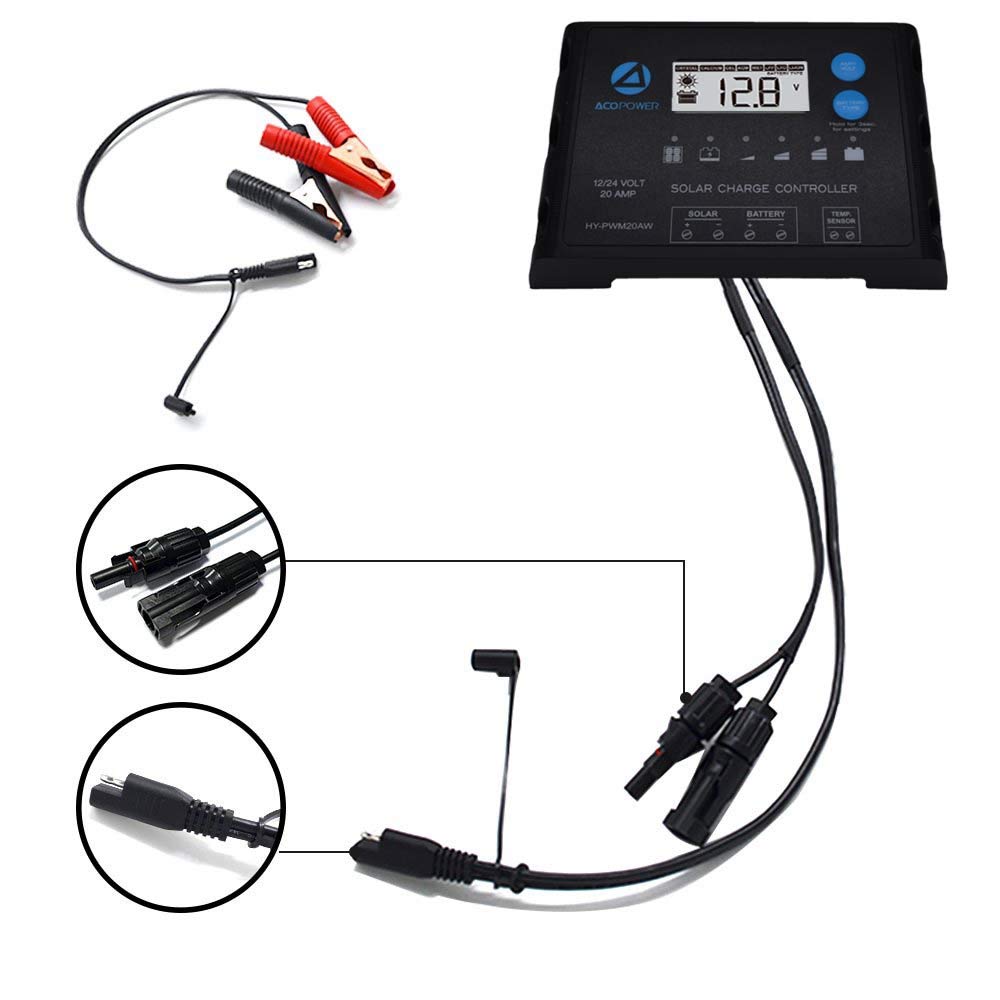 ACOPOWER 20A ProteusX Waterproof PWM Solar Charge Controller with Alligator Clips and MC4 Connectors-2