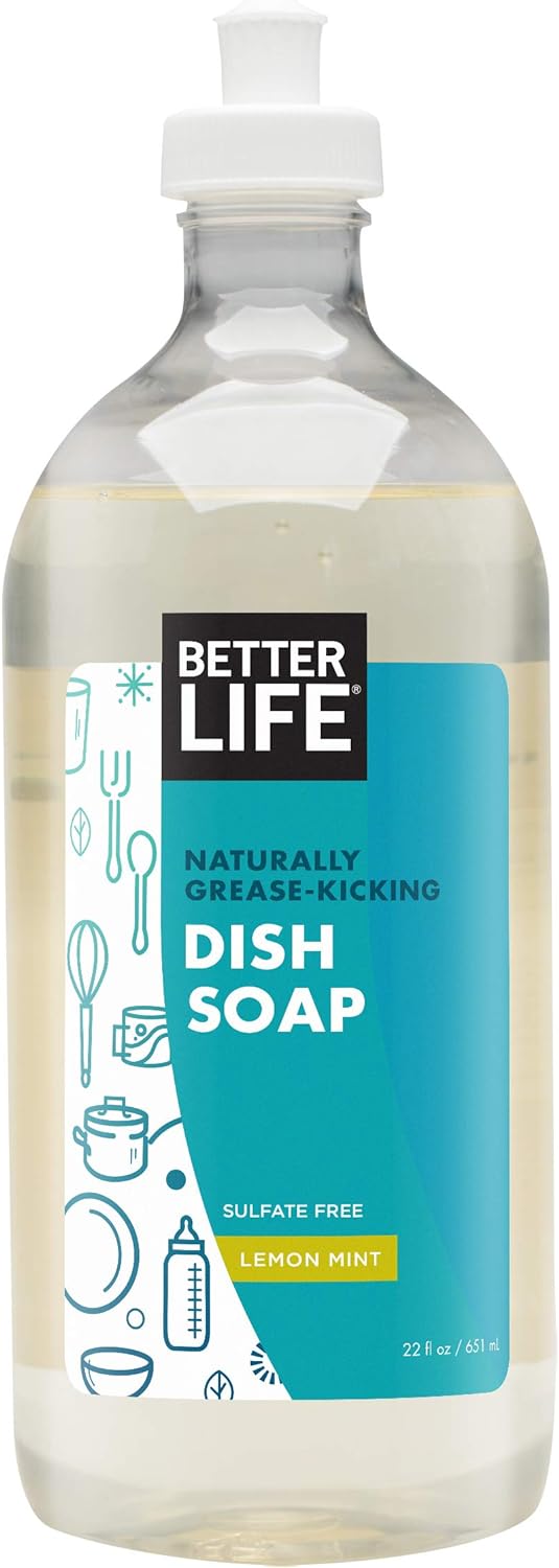 Better Life Dish Soap - Liquid Dishwashing Soap with Vitamin E and Aloe for Home & Kitchen Sink - No Gloves Required Kitchen Soap for Sensitive Skin - 22oz Lemon Mint( 6 X 22 OZ )