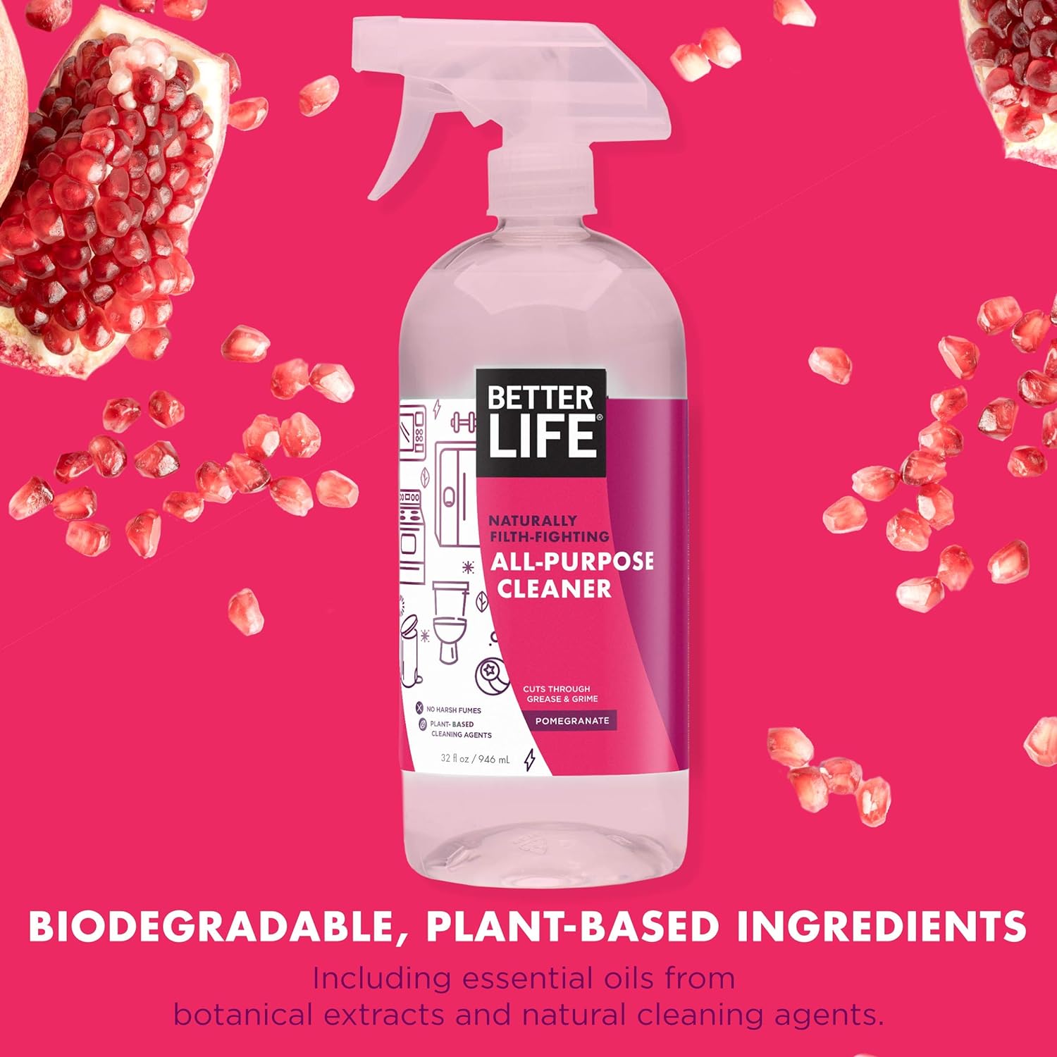 Better Life All Purpose Cleaner - Multipurpose Home and Kitchen Cleaning Spray for Glass, Countertops, Appliances, Upholstery & More - Multi-surface Spray Cleaner - 32oz Pomegranate