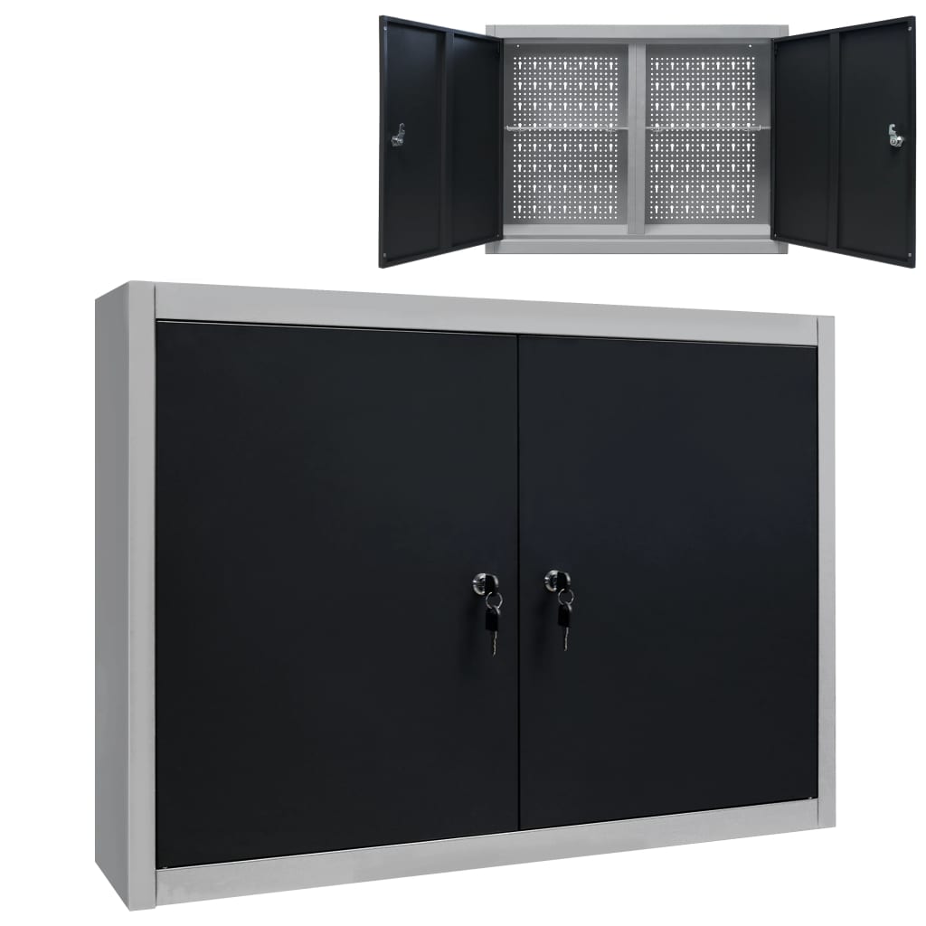 vidaXL Wall Mounted Tool Cabinet Industrial Style Metal Gray and Black/Black-0