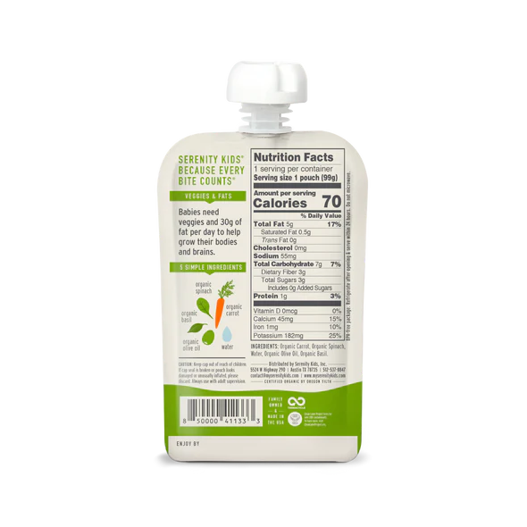 Serenity Kids Organic Carrot Spinach & Basil with Organic Olive Oil