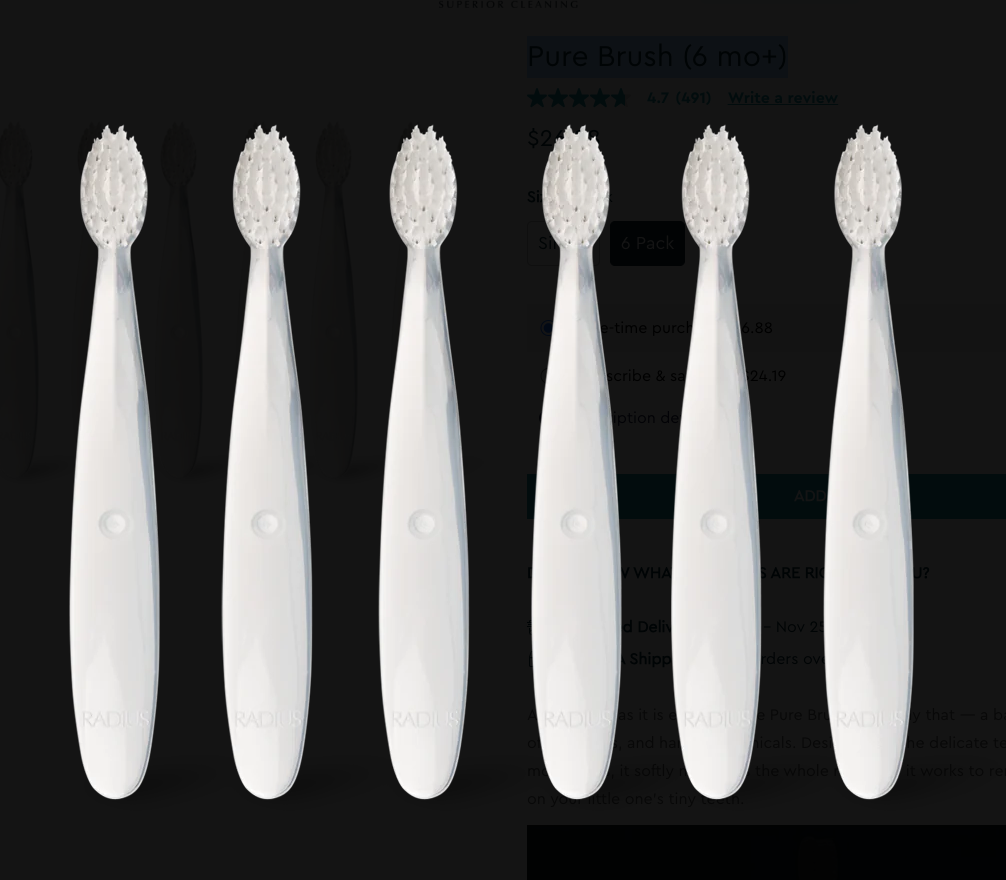 Radius Pure Brush (6 mo+) Toothbrush 6 Pack