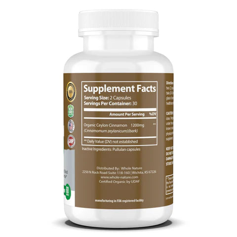 Whole Nature Cinnamon Capsules 1200mg, Made With Organic Ceylon