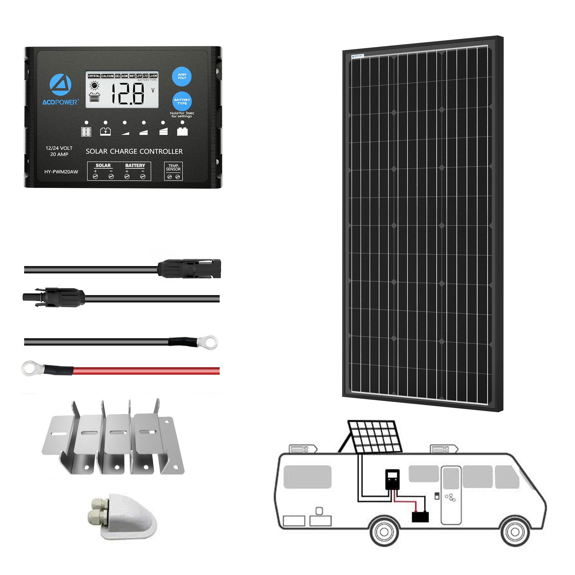 ACOPOWER Mono Solar RV Kits + MPPT / PWM Charge Controller-0