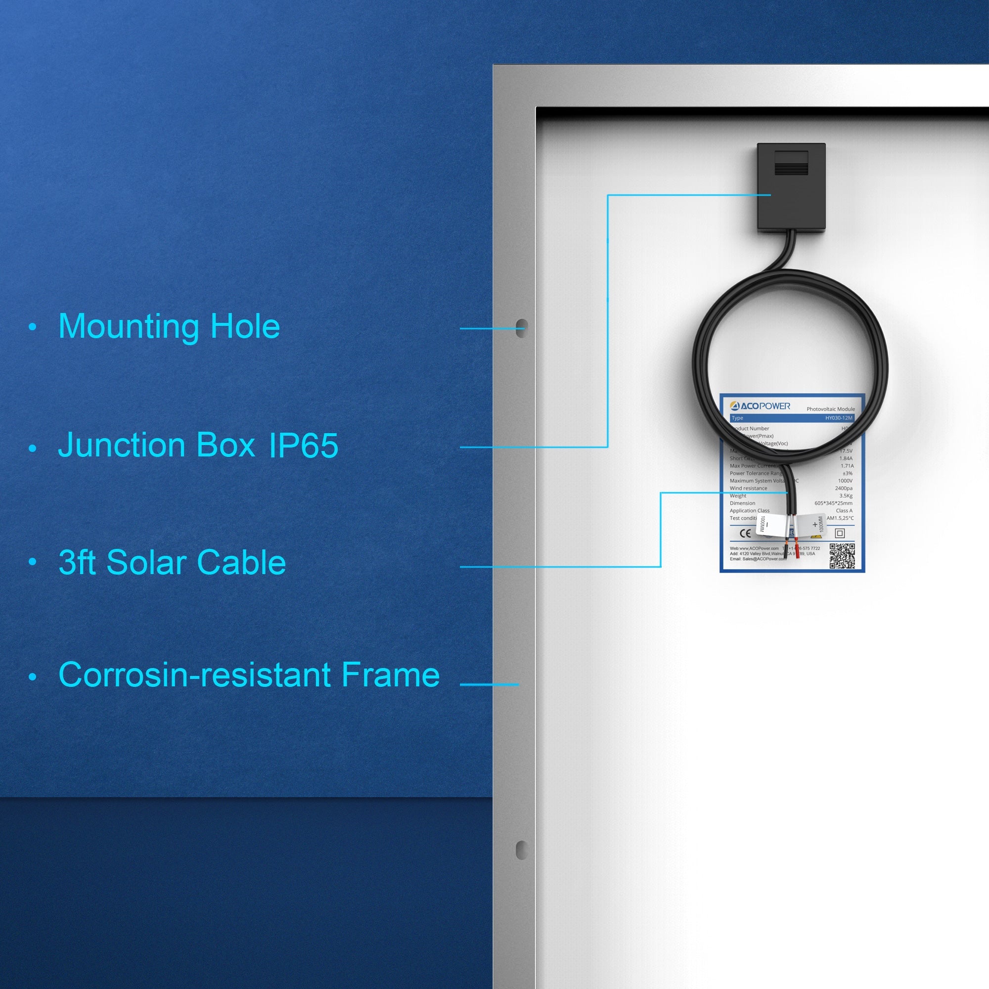 ACOPower 30W Mono Solar Panel for 12 Volt Battery Charging-4
