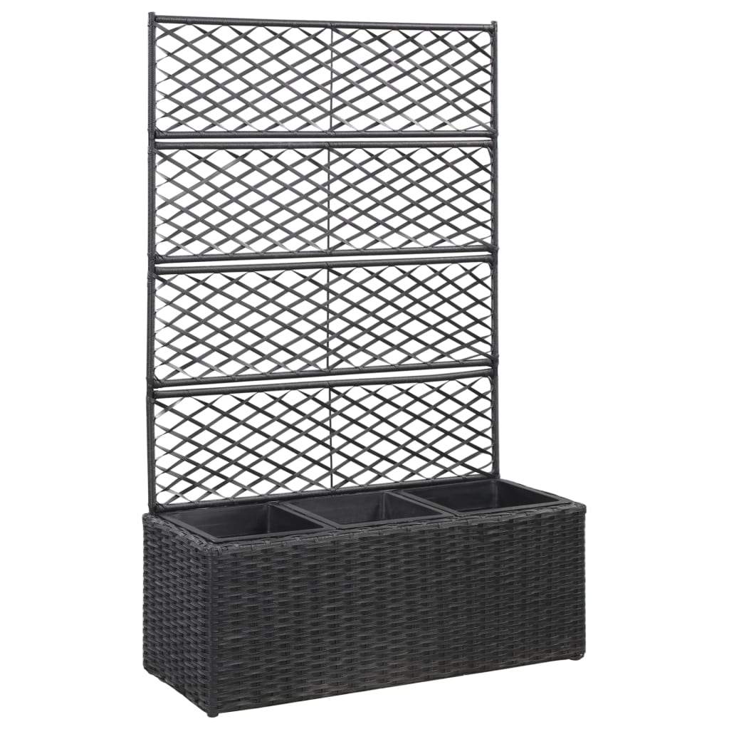 vidaXL Trellis Raised Bed with 3 Pots Poly Rattan Box Black/Brown Multi Sizes-6