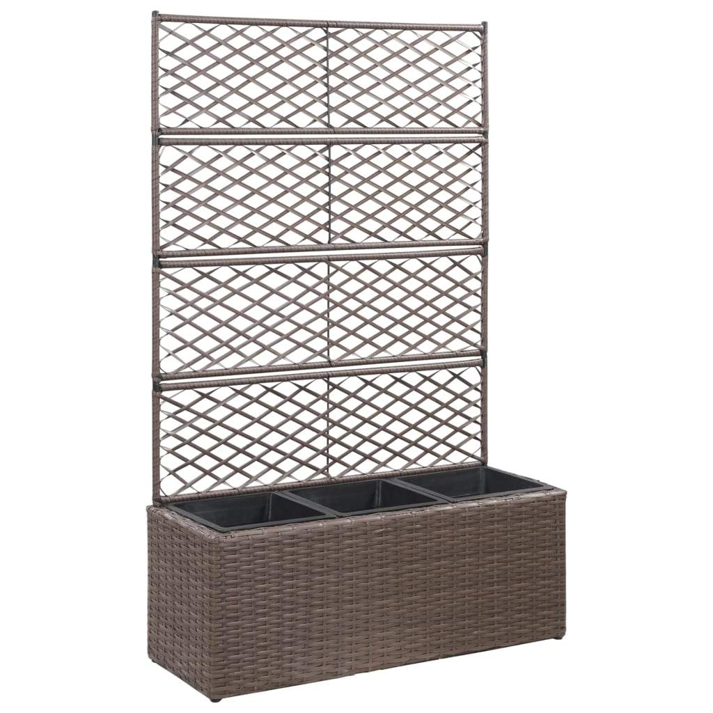 vidaXL Trellis Raised Bed with 3 Pots Poly Rattan Box Black/Brown Multi Sizes-15