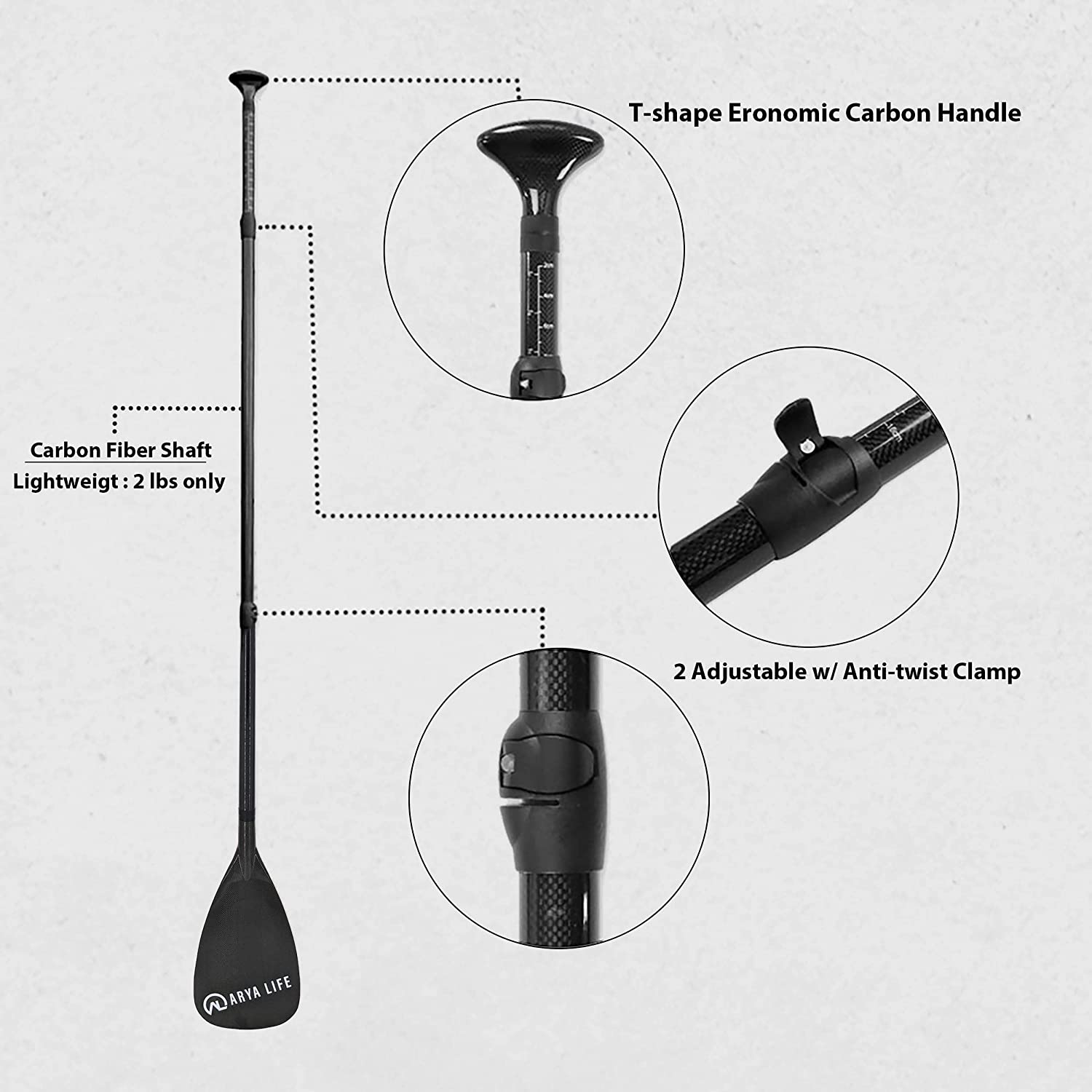 Arya Life 3 Piece Stand Up Paddle Board Paddle, SUP Paddle with Fiberglass Blade, Adjustable Carbon Fiber Shaft, 70-86 Inches, Black-2