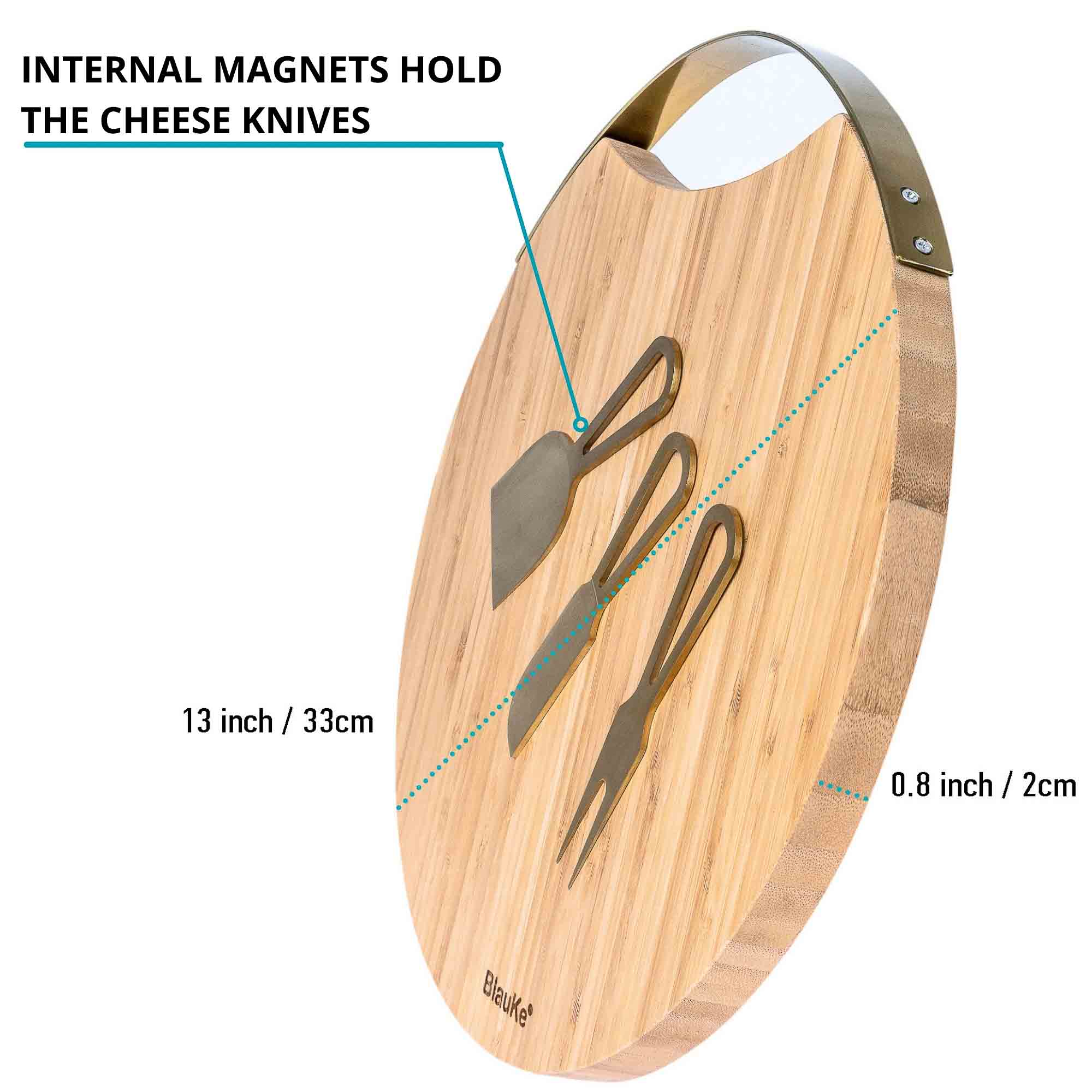 Bamboo Cheese Board and Knife Set with Magnetic Cutlery Storage - 13 inch Round Charcuterie Board-2