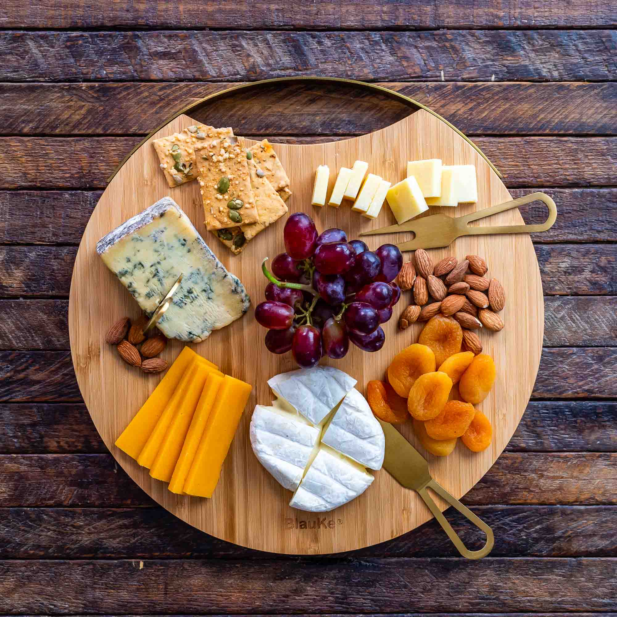 Bamboo Cheese Board and Knife Set with Magnetic Cutlery Storage - 13 inch Round Charcuterie Board-9