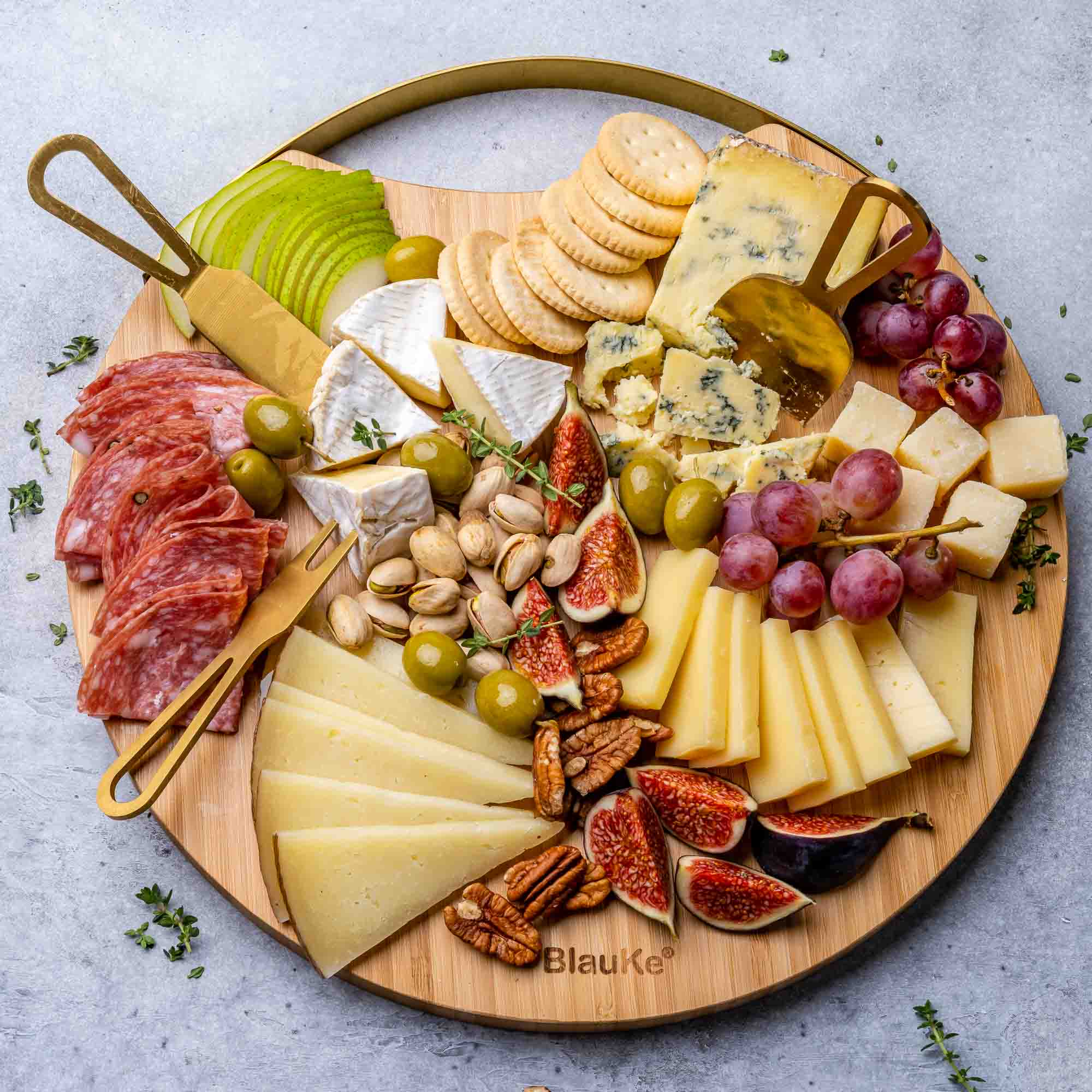 Bamboo Cheese Board and Knife Set with Magnetic Cutlery Storage - 13 inch Round Charcuterie Board-7