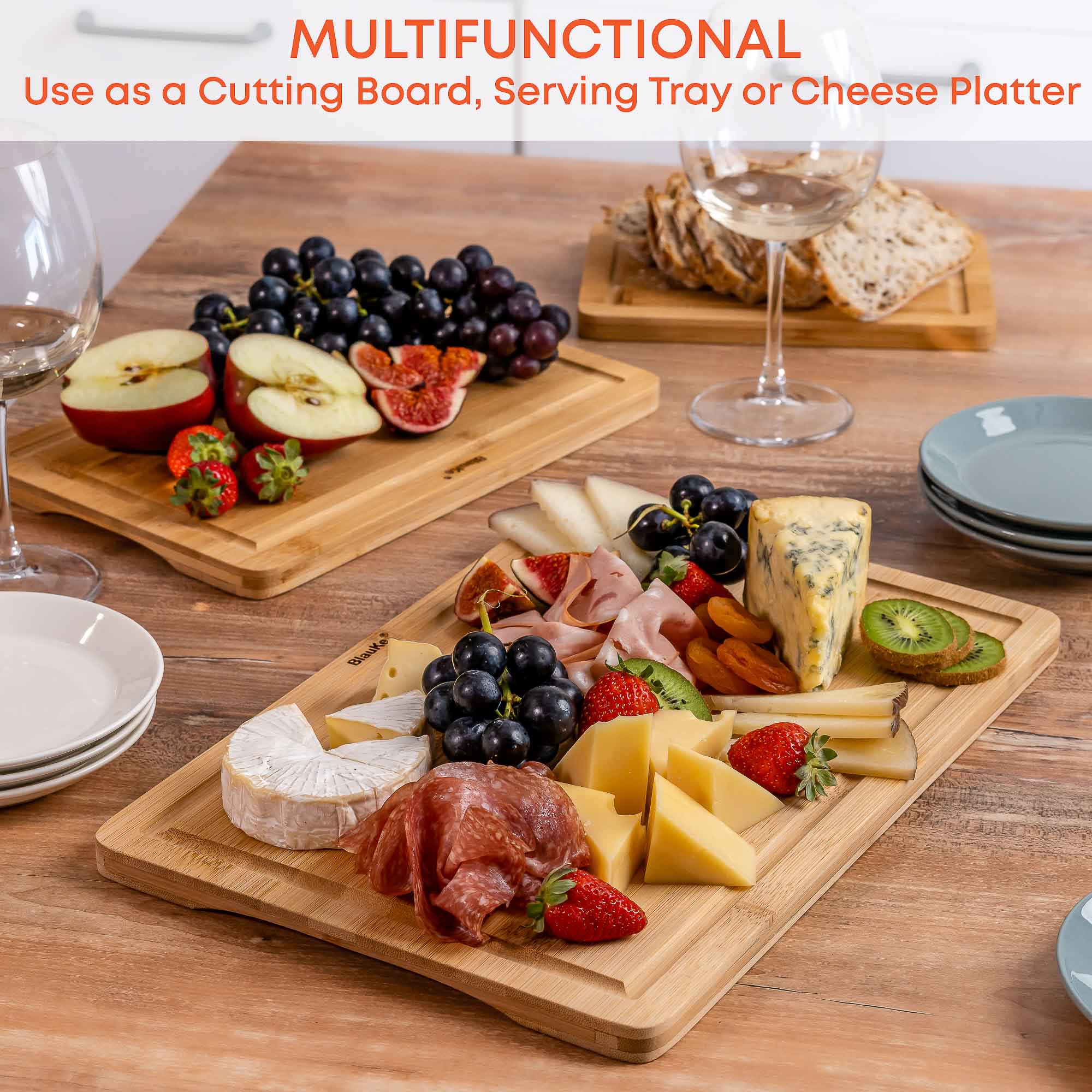 Wooden Cutting Boards for Kitchen with Juice Groove and Handles - Bamboo Chopping Boards Set of 3 - Wood Serving Trays-5