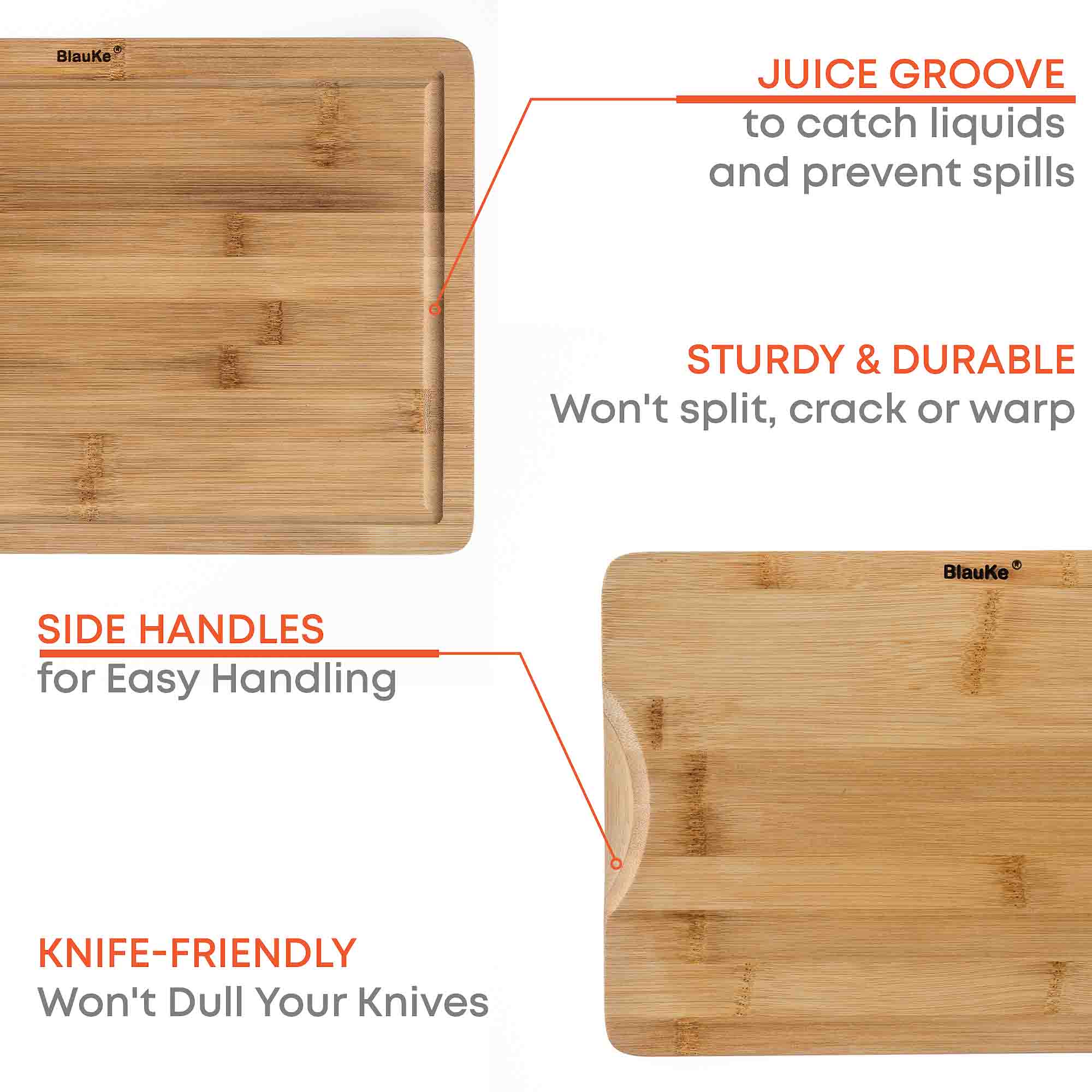 Wooden Cutting Boards for Kitchen with Juice Groove and Handles - Bamboo Chopping Boards Set of 3 - Wood Serving Trays-6