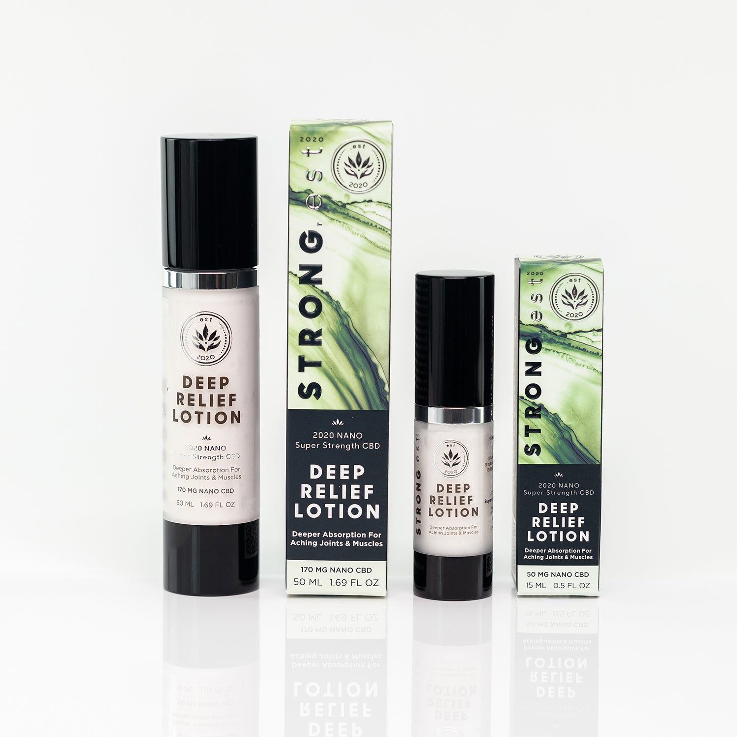 DEEP.est pain relief! The STRONG.est Deep Relief line of pain relief lotions by .est 2020 Luxury Skincare. Our Extra Relief Lotion features 850 mg of full spectrum cannabidiol to reduce pain and inflammation.