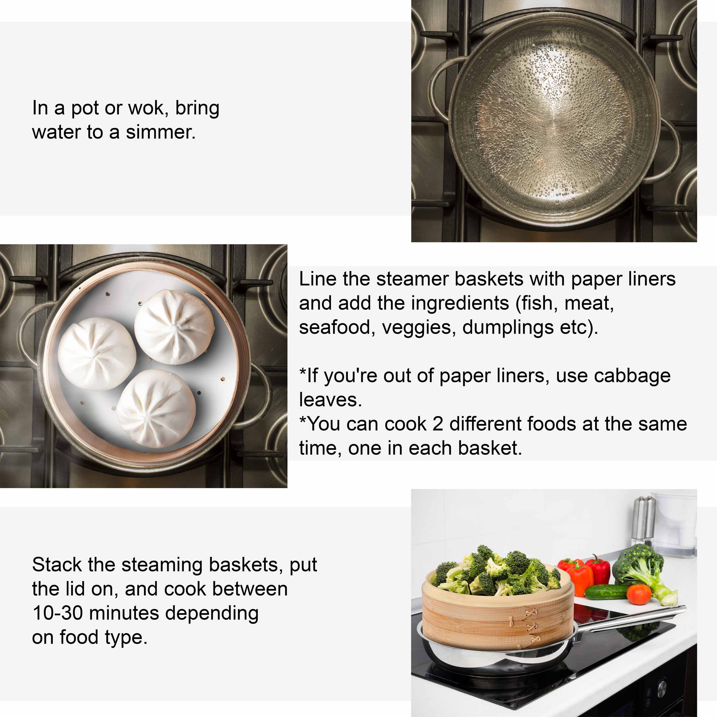 2-Tier Bamboo Steamer for Cooking Dumplings, Vegetables, Meat, Fish, Rice - Bamboo Steamer Basket 10 Inch with 2 Pairs Chopsticks, Tongs and 50 Paper Liners-8