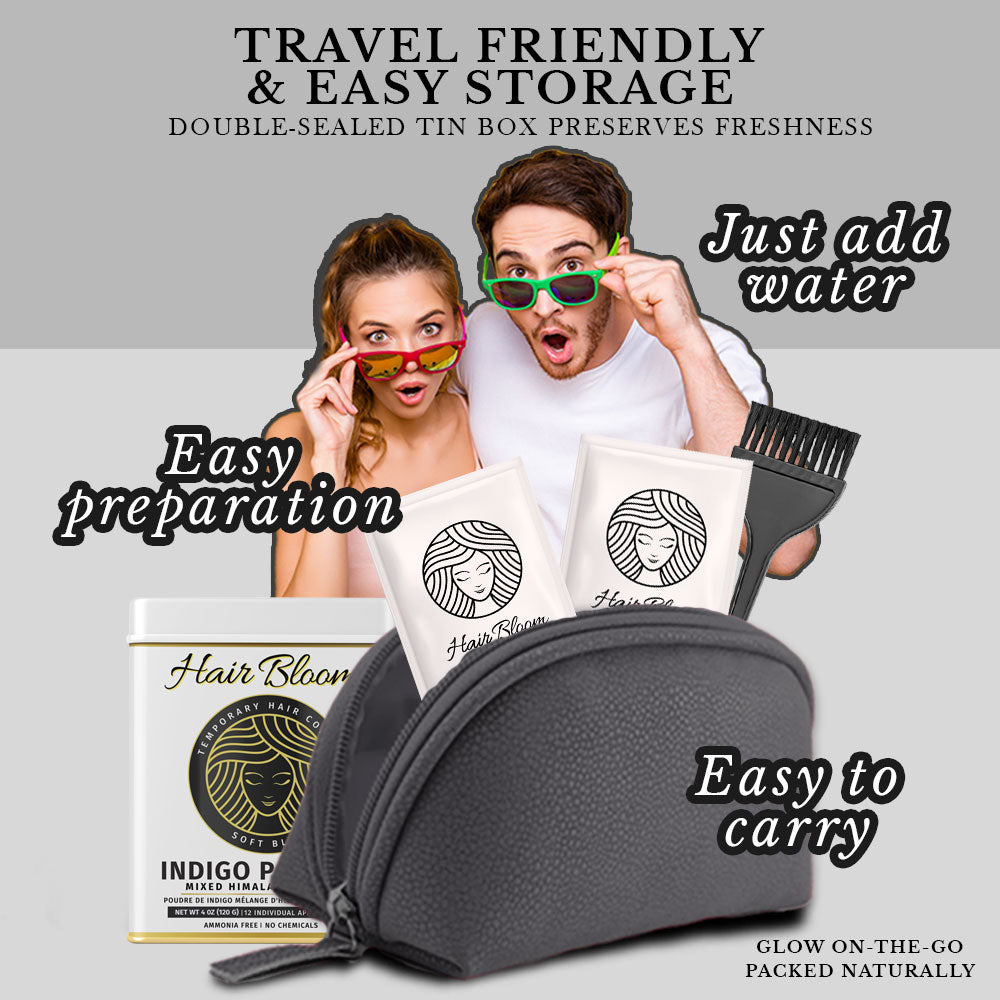 Hair Bloom Natural Jet Black Hair Color- Indigo Powder w/ Mixed Himalayan Herbs Hair Color Powder- 12 individual sachets (10 gm each)- Reusable Brush & Tray Included-6