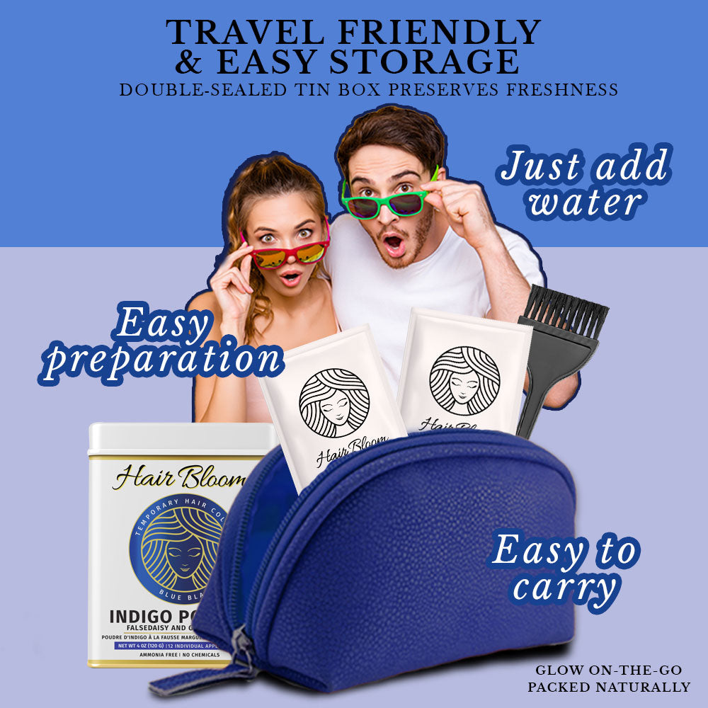 Hair Bloom Natural Blue Black Hair Color- Herbal Indigo w/ False Daisy & Gooseberry Hair Color Powder- 12 individual sachets (10 gm each)- Reusable Brush & Tray Included-6