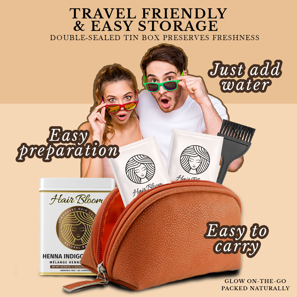 Hair Bloom Natural Brunette Hair Color- Herbal Henna & Indigo Mix Hair Color Powder- 12 individual sachets (10 gm each)- Reusable Brush & Tray Included-6