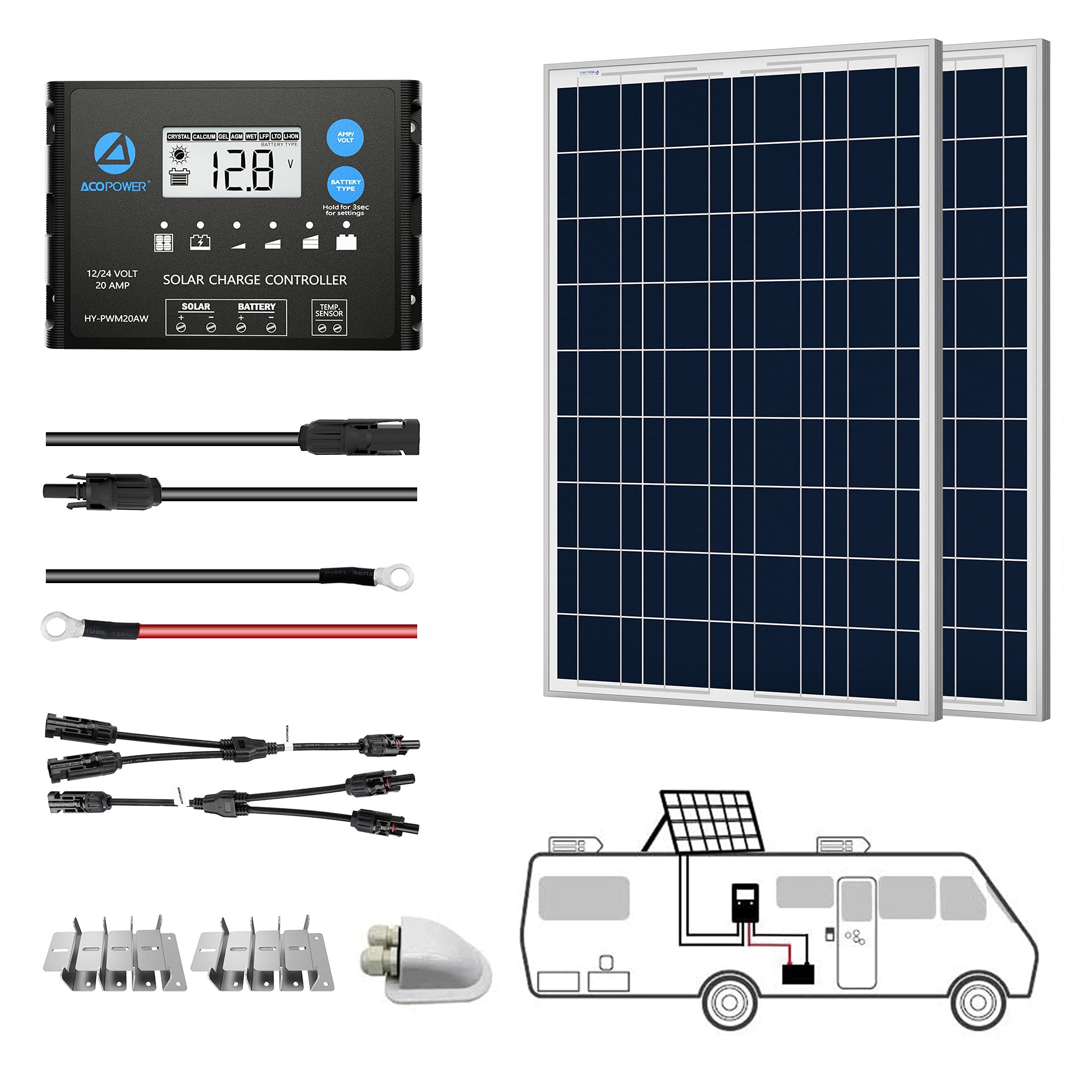 ACOPOWER 12V Poly Solar RV Kits + MPPT / PWM Charge Controller-14