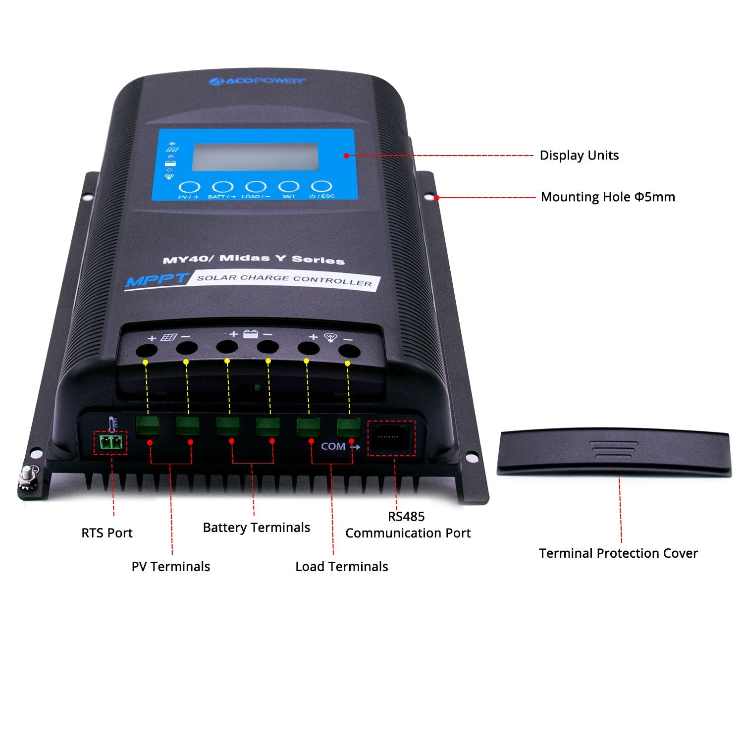 ACOPOWER Midas 40A MPPT Negative Ground Solar Panel Charge Controller LCD Display-6