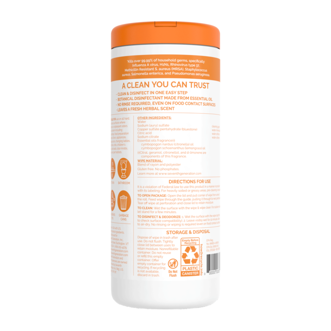 Seventh Generation Disinfecting Wipes - Lemongrass Citrus (6x70 ct)