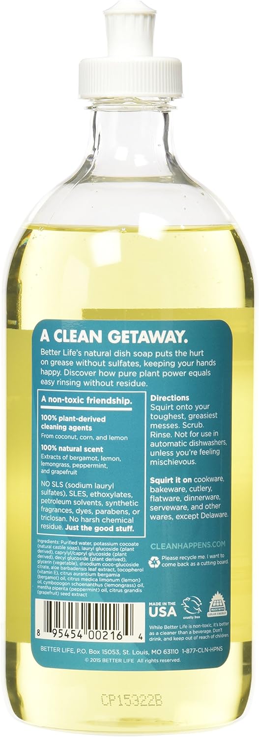 Better Life Dish Soap - Liquid Dishwashing Soap with Vitamin E and Aloe for Home & Kitchen Sink - No Gloves Required Kitchen Soap for Sensitive Skin - 22oz Lemon Mint( 6 X 22 OZ   )