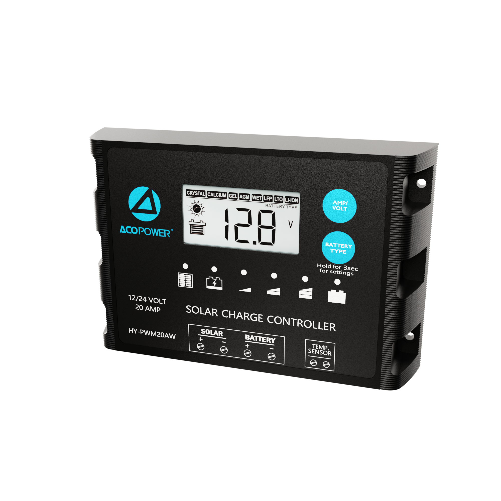 ACOPOWER 20A ProteusX Waterproof PWM Solar Charge Controller Compatible With 8 Battery Types-12