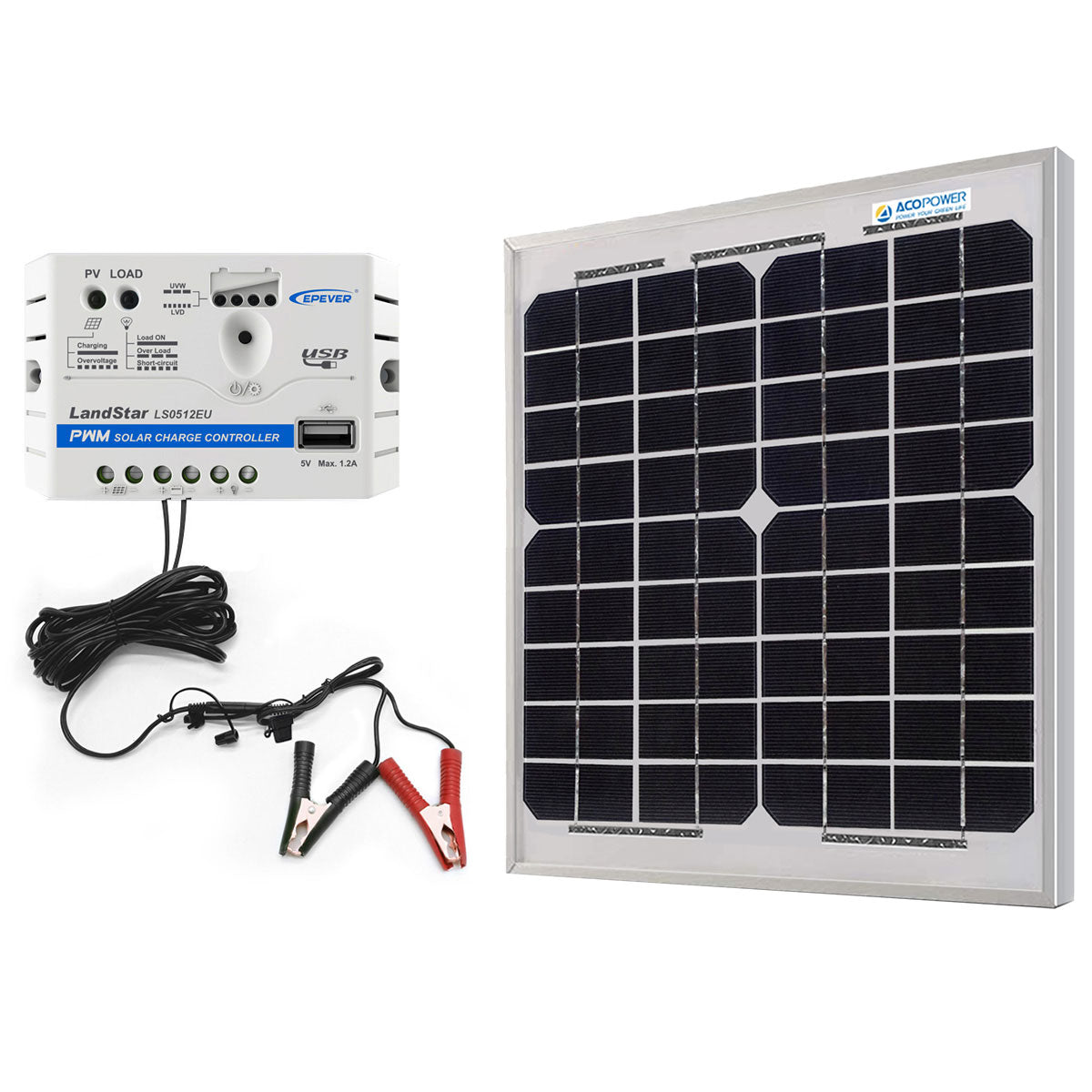 ACOPower 10W 12V Solar Charger Kit, 5A Charge Controller with Alligator Clips-0