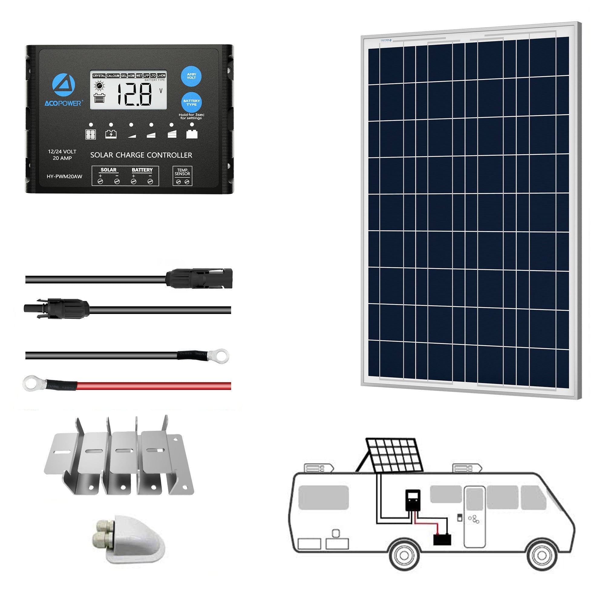 ACOPOWER 12V  Poly Solar RV Kits + MPPT / PWM Charge Controller-0