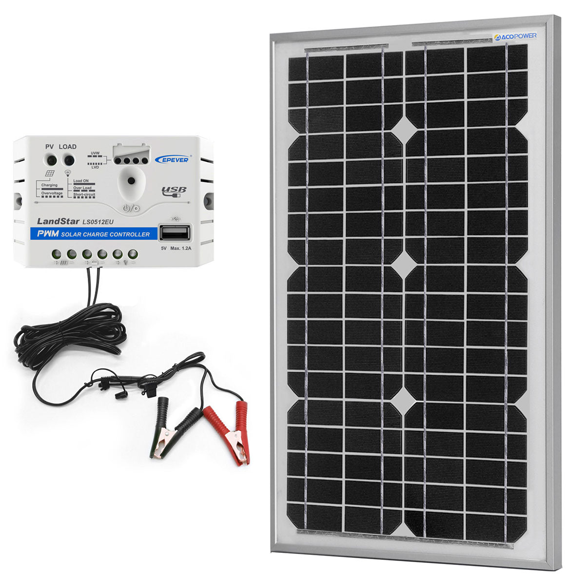 ACOPower 30W 12V Solar Charger Kit, 5A Charge Controller with Alligator Clips-0