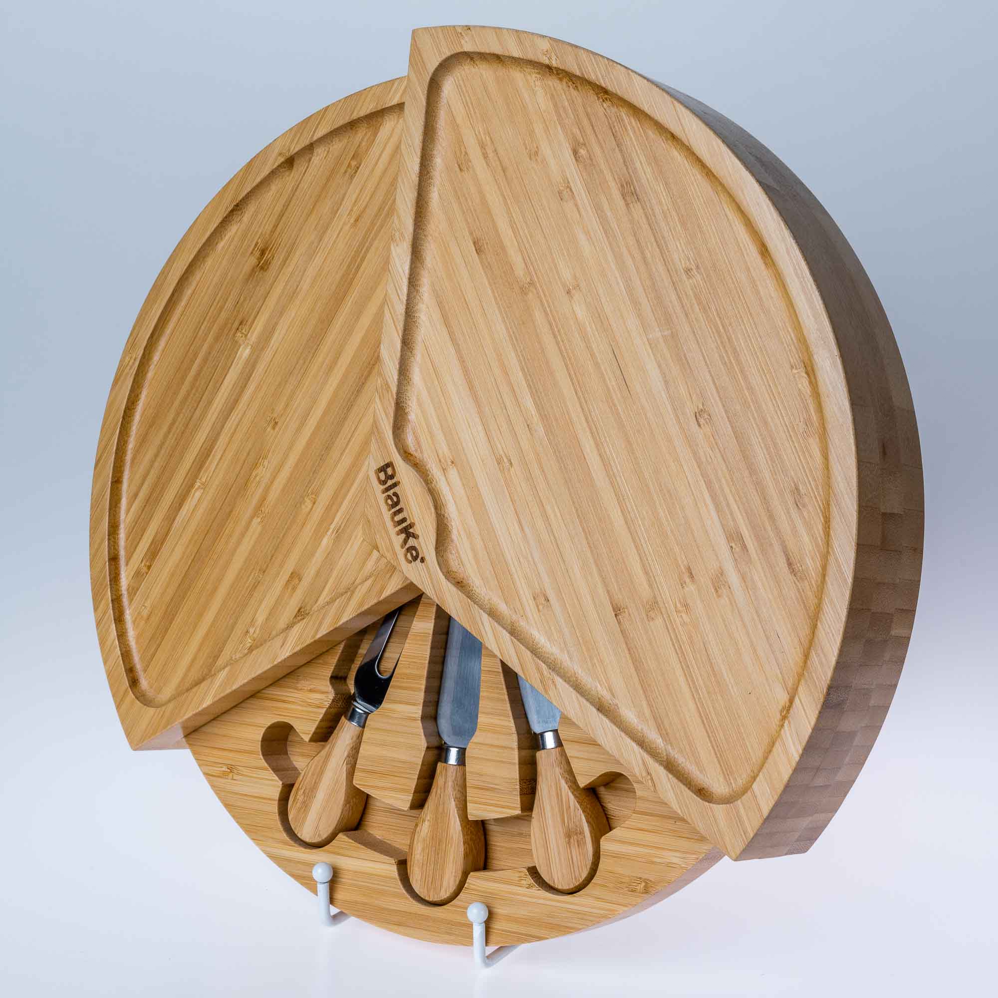 Bamboo Cheese Board and Knife Set - 14 Inch Swiveling Charcuterie Board with Slide-Out Drawer - Cheese Serving Platter, Round Serving Tray-9