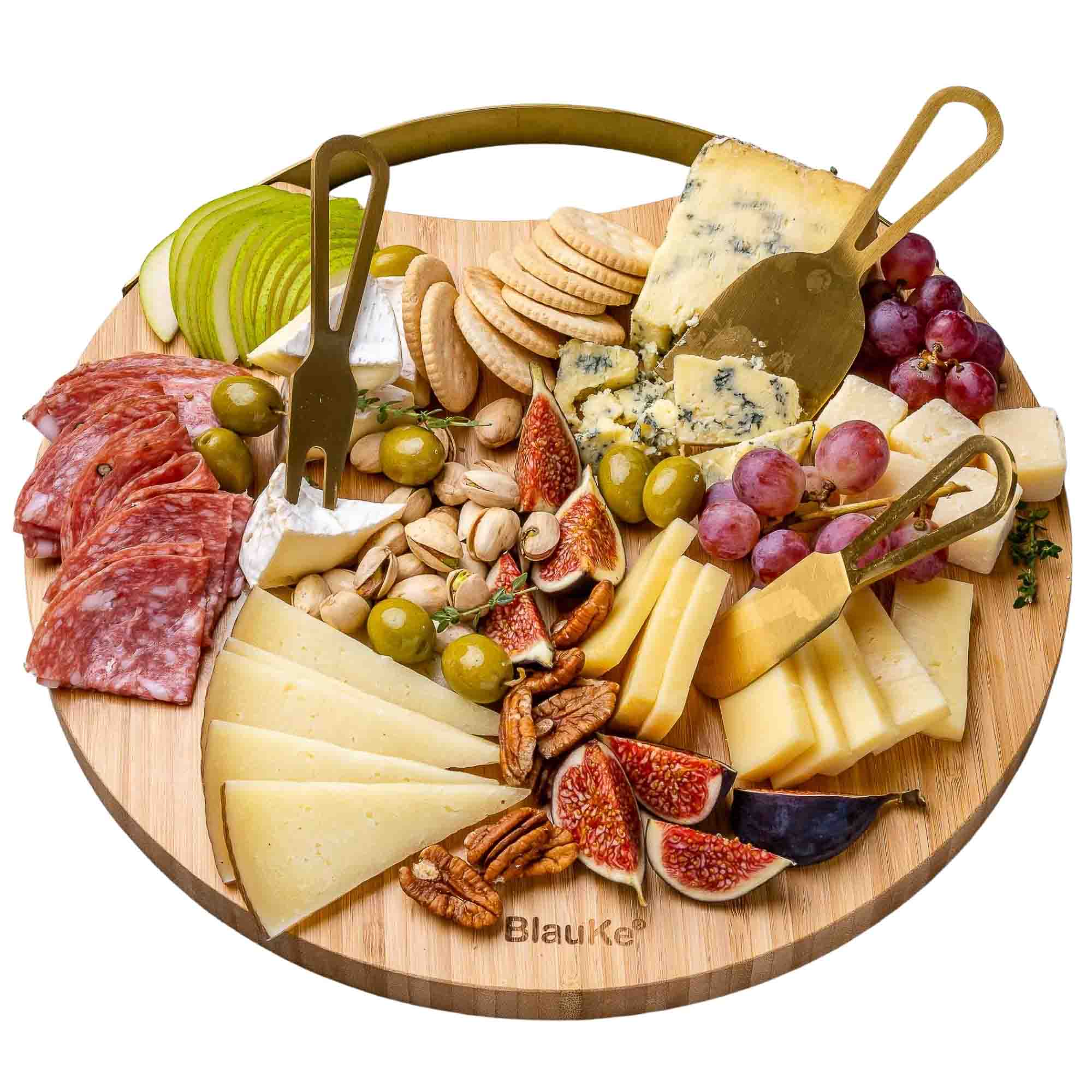 Bamboo Cheese Board and Knife Set with Magnetic Cutlery Storage - 13 inch Round Charcuterie Board-0