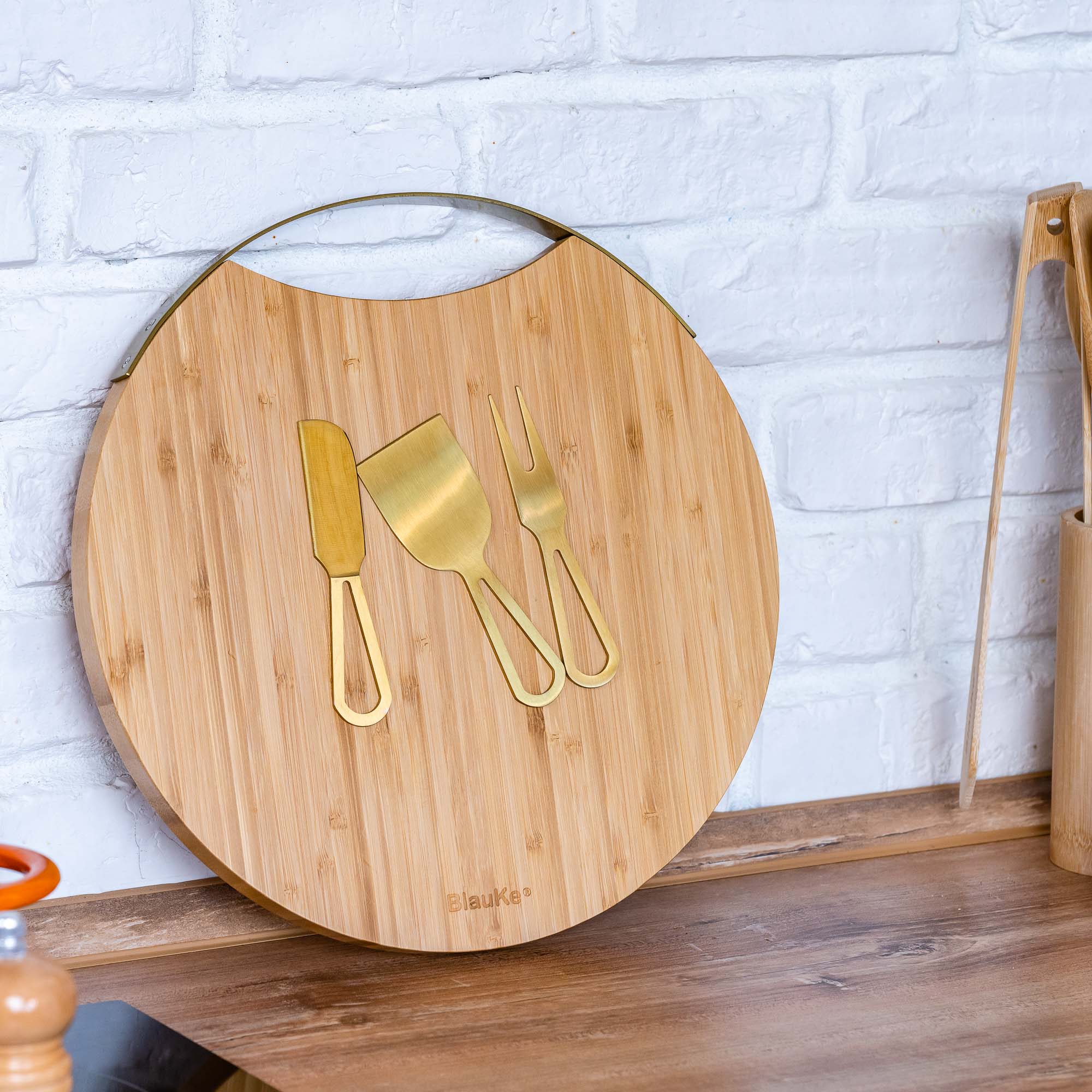 Bamboo Cheese Board and Knife Set with Magnetic Cutlery Storage - 13 inch Round Charcuterie Board-12
