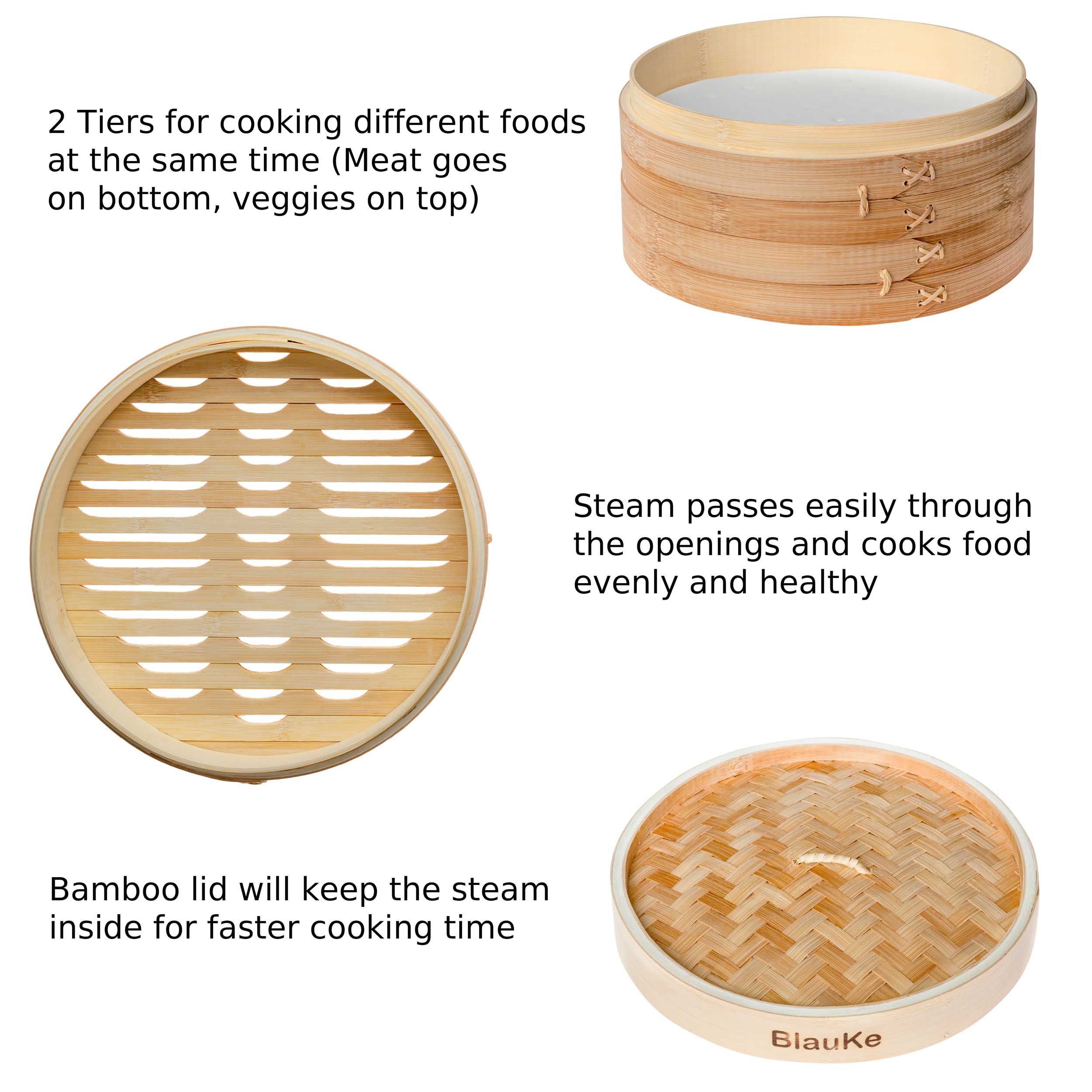 2-Tier Bamboo Steamer for Cooking Dumplings, Vegetables, Meat, Fish, Rice - Bamboo Steamer Basket 10 Inch with 2 Pairs Chopsticks, Tongs and 50 Paper Liners-6