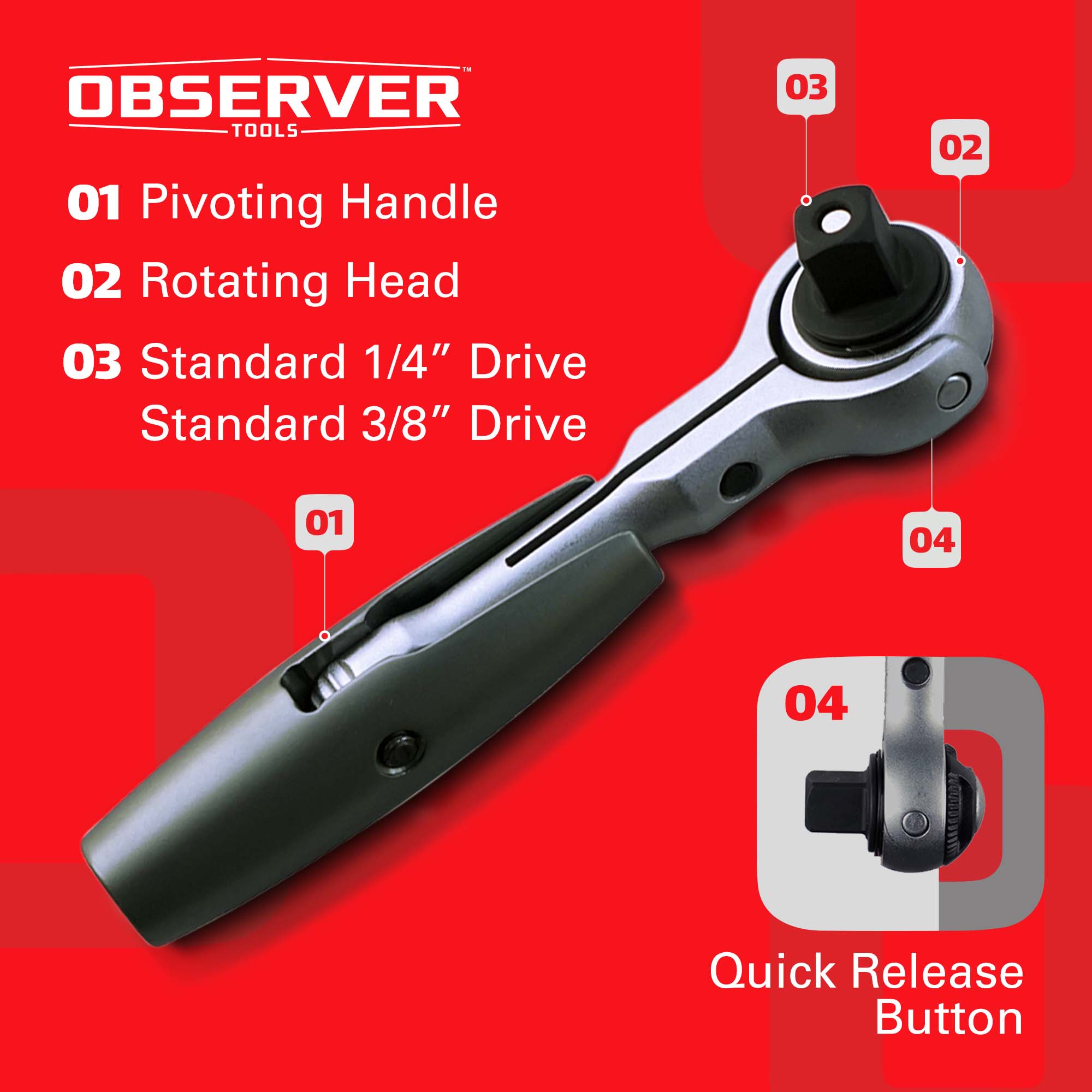 Dual-Flex Ratchet, 72-Teeth, Pivoting Handle, Rotating Head, Quick Release, Reversible-7