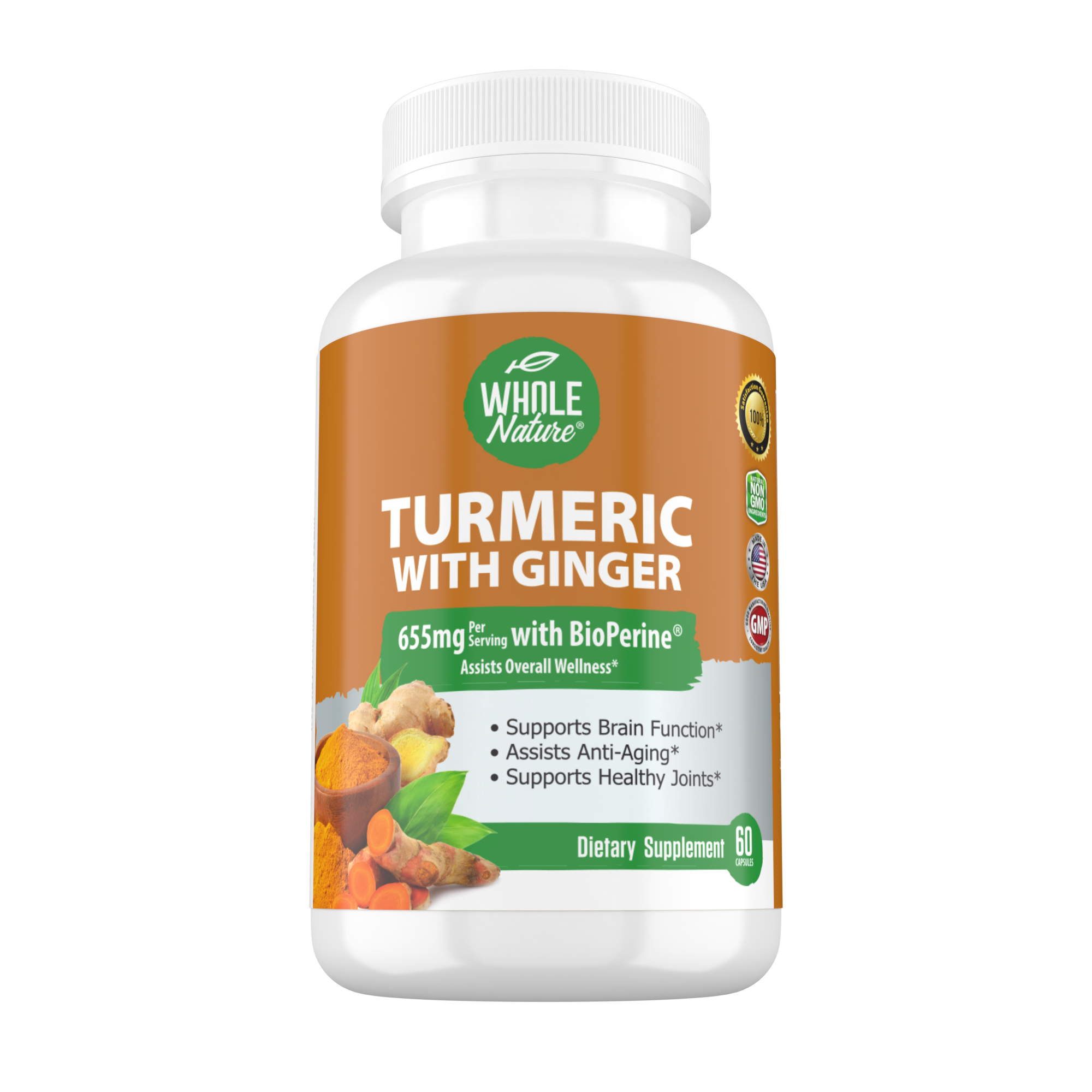 Turmeric Curcumin, Ginger & Black Pepper, Enhanced Absorption Turmeric Extract 95% Standardized Curcuminoids 550mg. Supports Joints, Skin, Digestion, Brain, Immunity, Vegan, Non-GMO, 60 ct-0