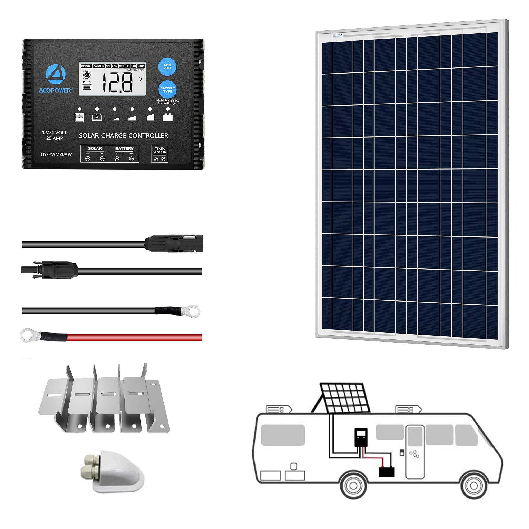 ACOPOWER 12V  Poly Solar RV Kits + MPPT / PWM Charge Controller-15