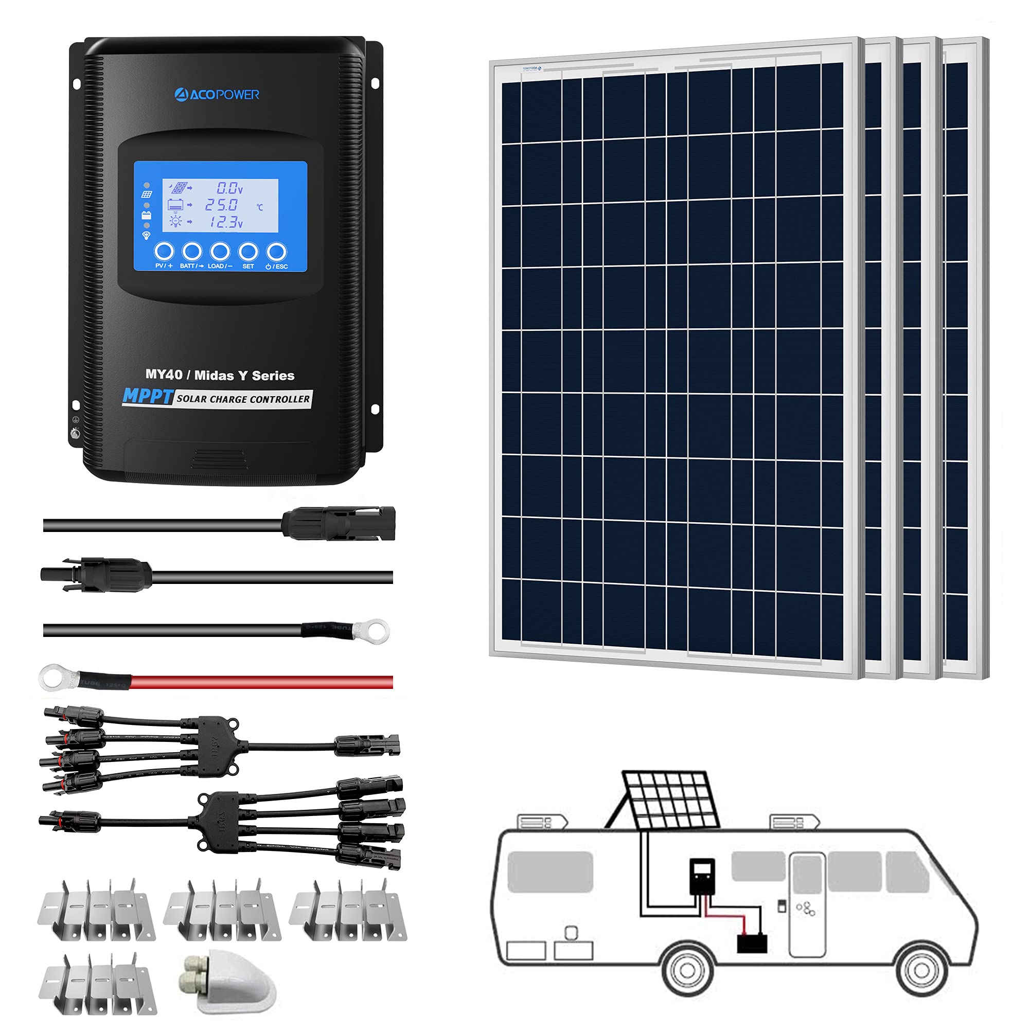 ACOPOWER 12V  Poly Solar RV Kits + MPPT / PWM Charge Controller-12