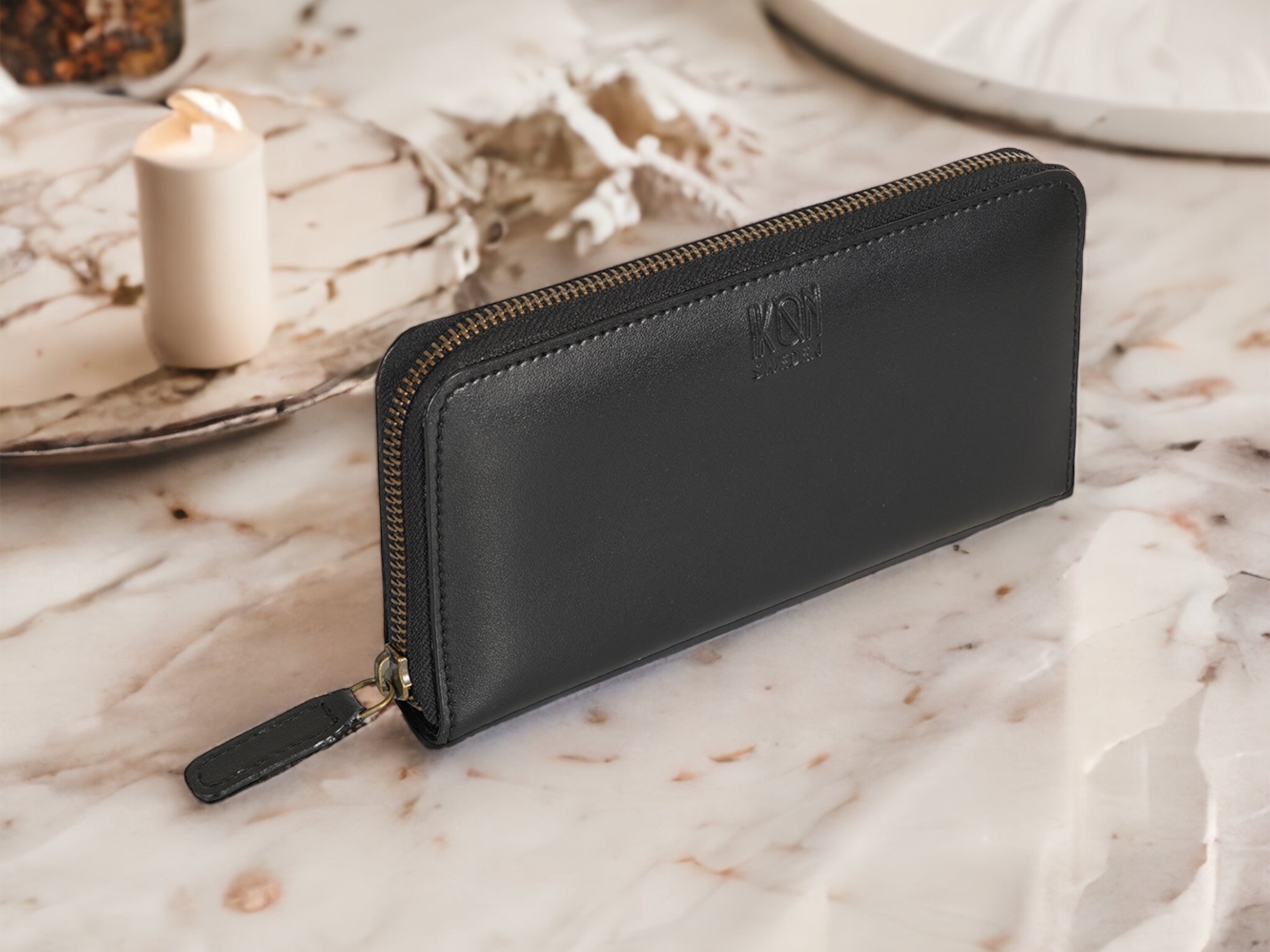 Apple Leather Long Zip Wallet - Black-1
