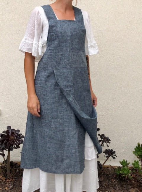 Split Leg Linen Smock Apron with Cross Back-13