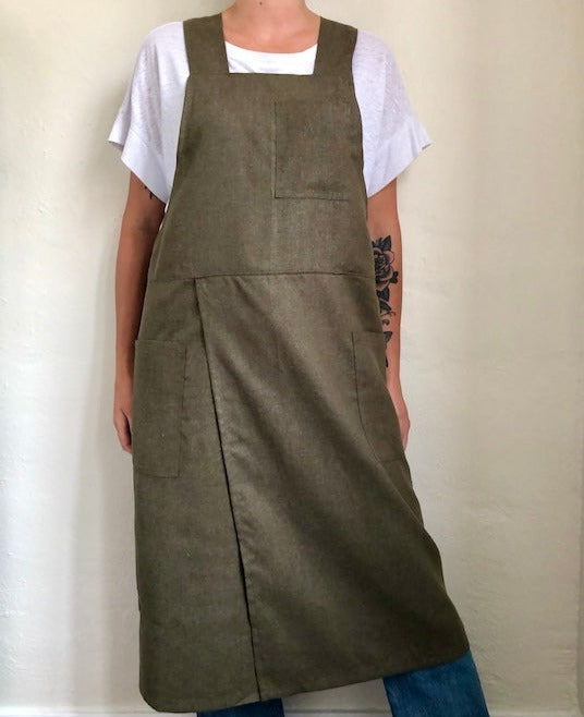 Split Leg Linen Smock Apron with Cross Back-12